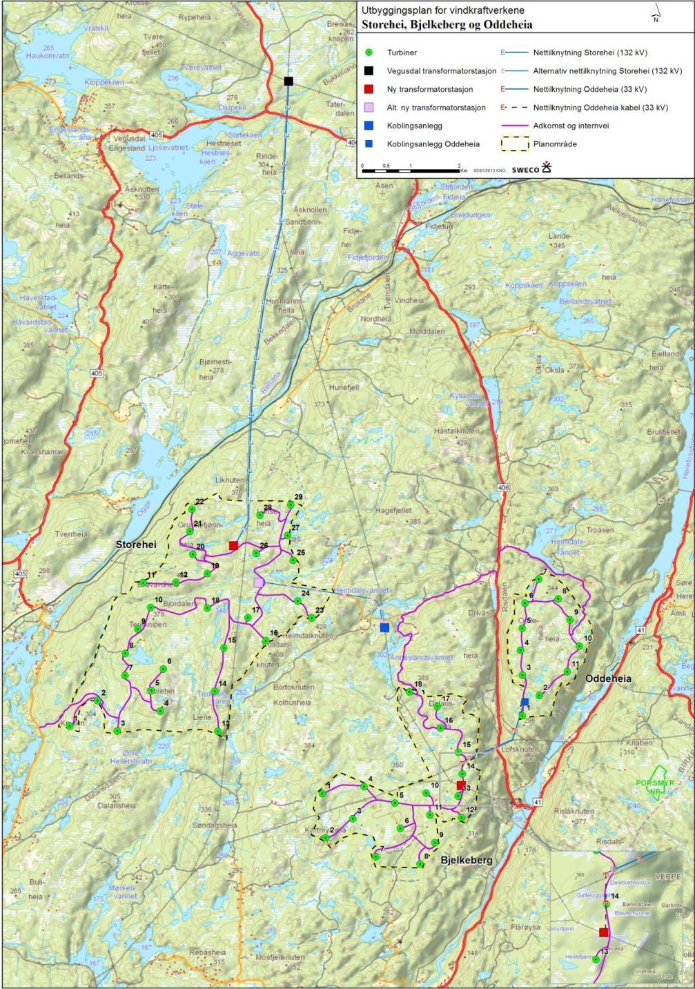 3 Utredet løsning et med tilhørende infrastruktur I utredet løsning er det lagt til grunn 58 turbiner (29+11+18) á 3 MW. I konsekvensutredningen er det forutsatt at alle tre delområder bygges ut.