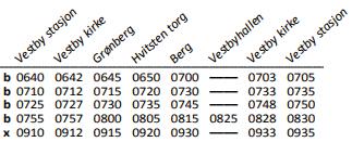 531 Hvitsten Vestby Mandag til fredag (alle hverdager) De fleste avganger går i fast trasé med faste avgangstider og stopper ved ordinære holdeplasser.