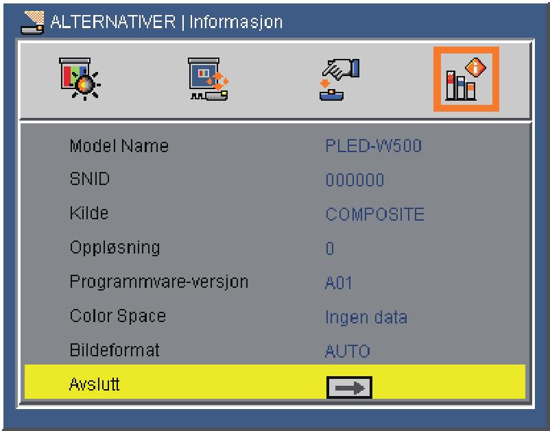 Information Vis projektorinformasjon for kilde, oppløsning, programvareversjon, fargerom og bildeforhold på skjermen.