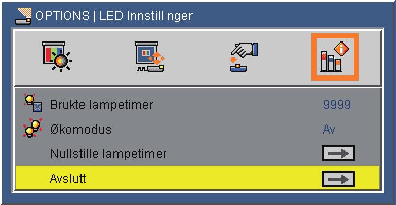 OPTIONS LED-innstillinger Brukte lampetimer Vise projeksjonstid.