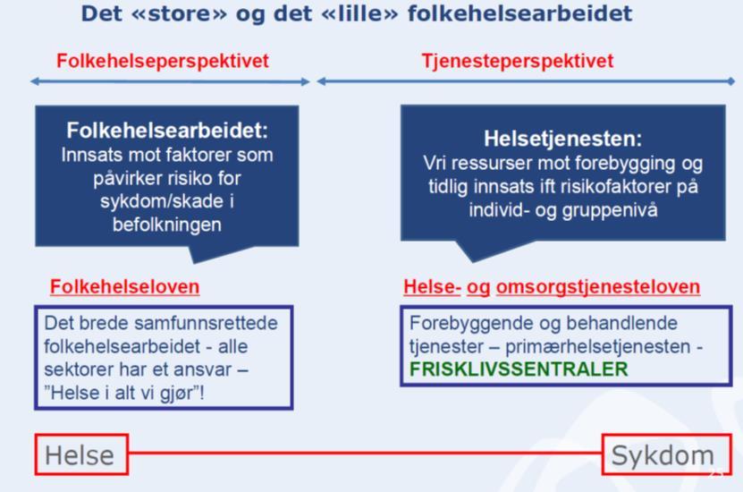 Figur 2 Det "store" og det "lille" folkehelsearbeidet Kilde: Fylkesmannen i Buskerud Undersøkelsen tar dermed ikke for seg kommunens tjenester innen helse- og omsorgssektoren. 1.