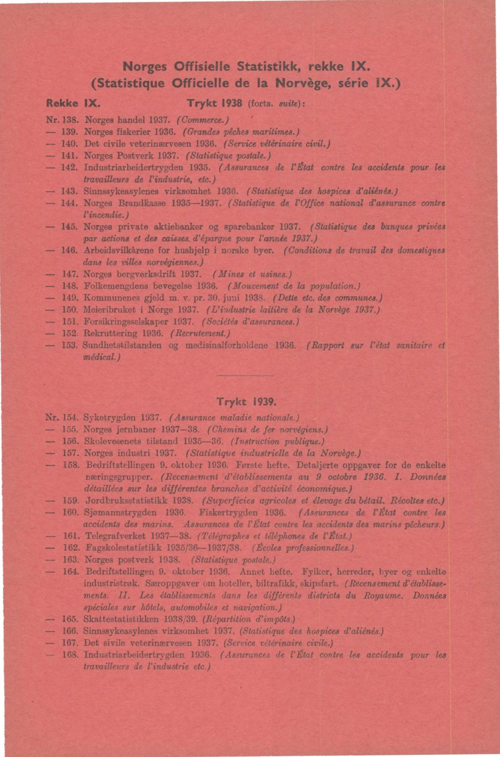 Nrges Offisielle Statistikk, rekke IX. (Statistique Officielle de la Nrvège, série IX.) Rekke IX. Trykt (frts. suite): Nr.. Nrges handel. (Cmmerce.). Nrges fiskerier. (Grande.s pêches maritimes.). Det civile veterinærvesen.