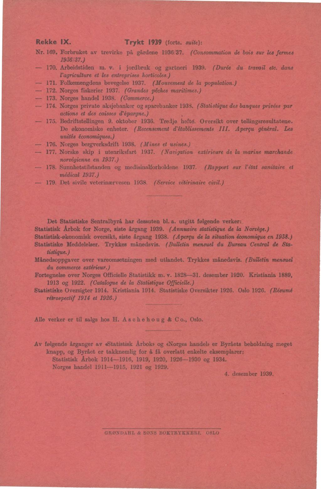 Rekke IX. Trykt (frts. suite): Nr.. Frbruket av trevirke på gårdene. (Cnsmmatin de bis sur lea fermes.). Arbeidstiden m. v. i jrdbruk g gartneri. (Durée du travail etc.