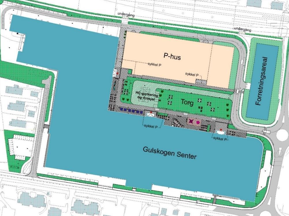 Hovedelementer i planforslaget: Tillegg etter offentlig ettersyn Interne tiltak Utvidelse av hele området mellom p- huset og senteret til torg, med unntak