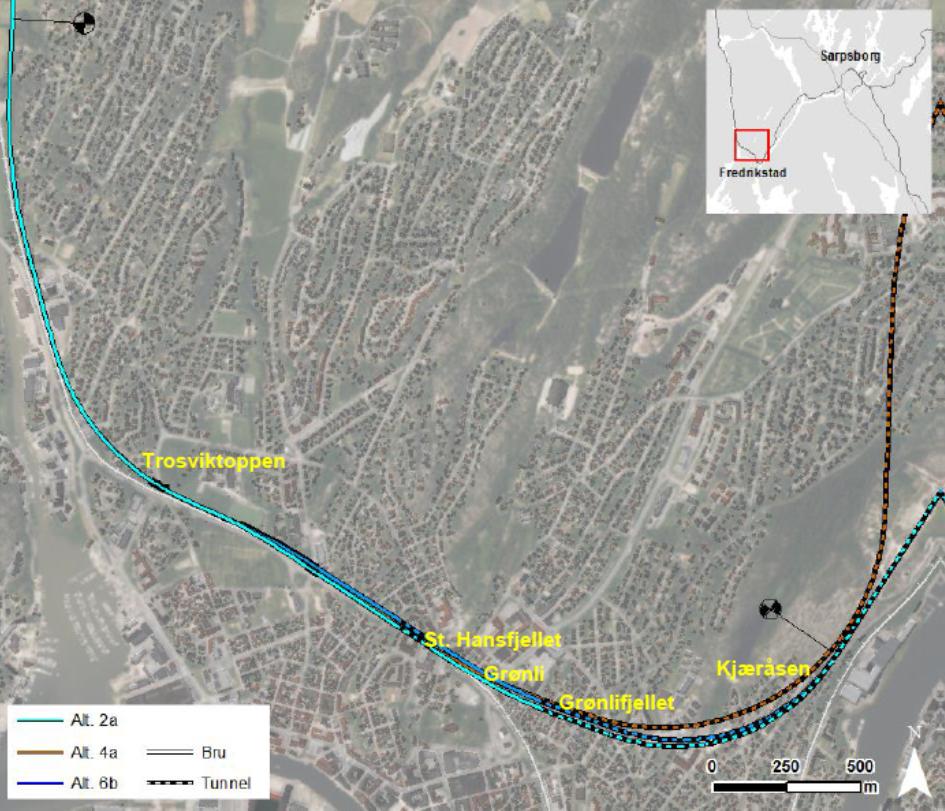 Alle alternativer for ny Fredrikstad stasjon har fire spor til plattform. De etableres som mellomplatt-former med lengde 350 meter. Banealternativ 2a og 6b har plattformene mellom åsryggene St.