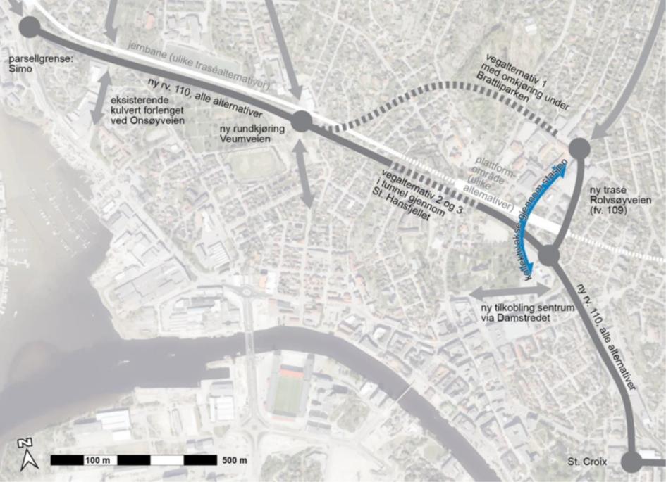 har en kollektivakse i dagens trase for fv. 109, mens øvrig trafikk flyttes nærmere Grønlifjellet.