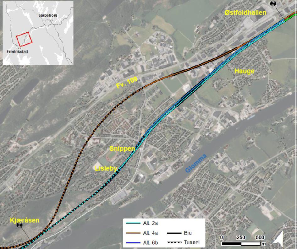 Alternativ 2a (søndre korridor) Alternativet kommer ut av tunnel ved Kjæråsen og føres via kulvert/åpent trau gjennom Lisleby, og krysser eksisterende jernbanespor i plan like nord for Snippen og