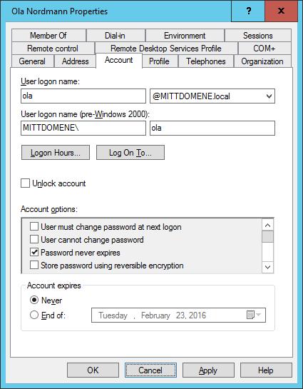 HSN Brukeradministrasjon i AD - 5 Brukerkontoer i Windows domene Regler for kontonavn (User logon name) Max. 20 tegn» Ikke tillatte tegn: / \ [ ] : ; =, + *?