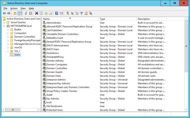 Administrasjonsverktøy (demo) Active Directory Users and Computers For å administrere domener Domenebrukere Domenegrupper Datamaskiner / domenekontrollere OU er m.m. Egenskaper Kan brukes fra alle datamaskiner i domenet» eller via terminaltjener / remote desktop Må kjøres som bruker med administrative rettigheter i domenet» Medlem av gruppen Domain Admins.