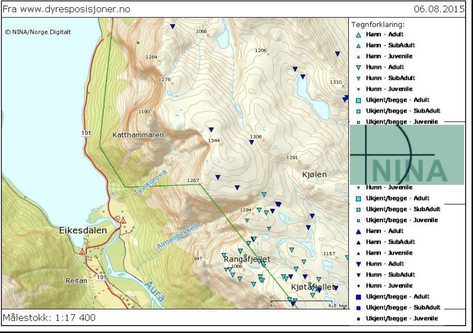 Eikesdalen ble valgt som såkalt fokusområde forskningsprosjektet som ledet til 20 Kart med gps-merket villrein fra www.dyreposisjoner.