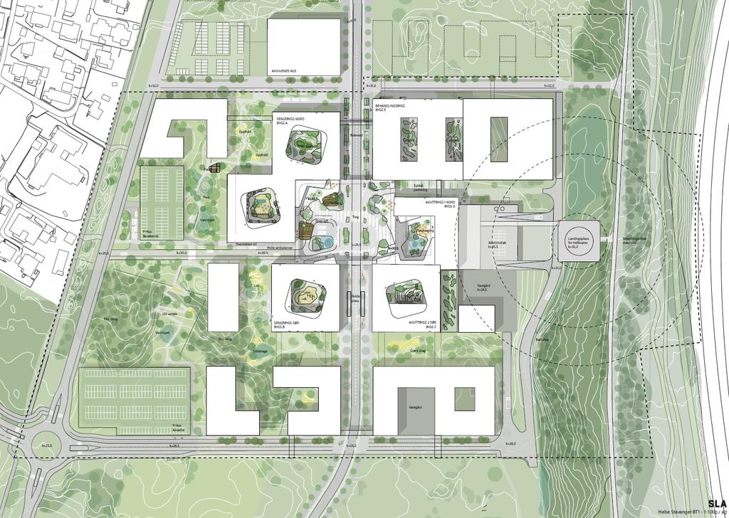 Det er planlagt et akuttmottak øst for torget i SH3. Her vil det også etableres en helikopterlandingsplass.