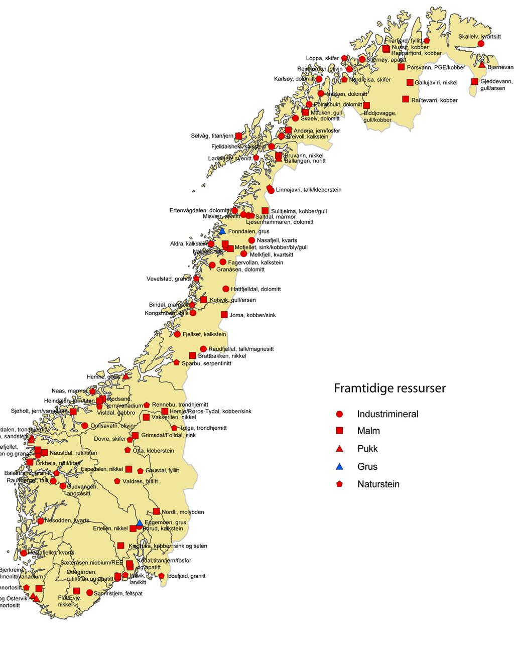 8. FREMTIDSUTFORDRINGER MULIG FREMTIDIGE MINERALFOREKOMSTER AV NASJONAL INTERESSE Norge har en variert geologi med et stort potensial for mineralproduksjon.