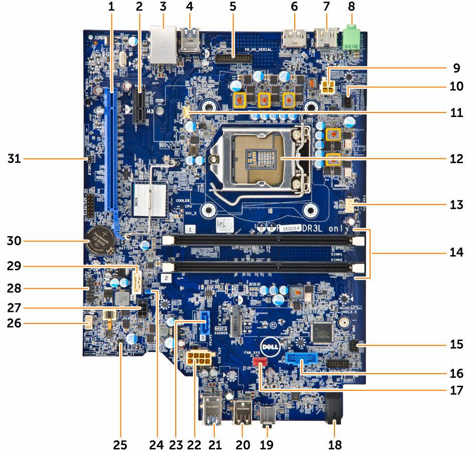 Hovedkortoppsett 1. PCIex16-kontakt 2. PCIex1 kontakt 3. RJ-45/USB 2.0-kontakt 4. USB 3.0-kontakt 5. Tastatur-/MS-kontakt (tilleggsutstyr) 6. DisplayPort-kontakt 7. HDMI-kontakt 8. linjeutgang 9.