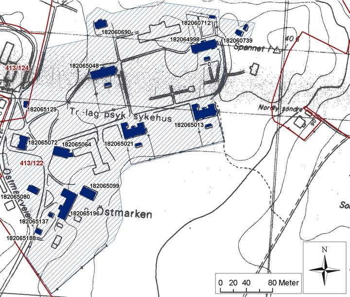 Totalt antall bygg: 43 Bygningsoversikt, omfang vern Byggnr Byggnavn Oppført Verneklasse Omfang GAB nr Gnr/Bnr 9901582 Bygg 01 - Ekspedisjon/kirke, 1919 Verneklasse 1, fredning Eksteriør/Interiør