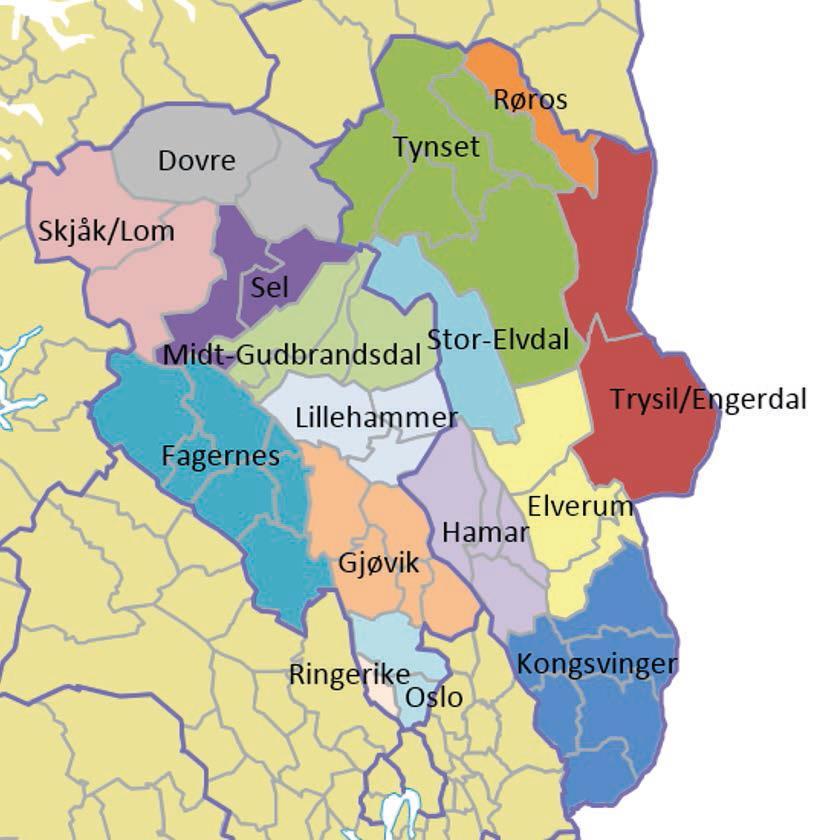 Figur 1: Kart: Bo- og arbeidsmarkedsregioner i Hedmark og Oppland Den nye innlandsregionen har en stor del av befolkningsandelen bosatt i Mjøsområdet med Gjøvik, Lillehammer og Hamar som de største
