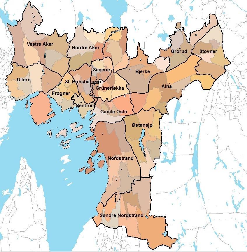 20 Figur 2 Delbydeler i Oslo utenom Marka (n=93, fargekodet) fordelt etter bydel (navn og mørkt omriss). Kartgrunnlag: Oslo kommunes statistikkbank og Geonorge.