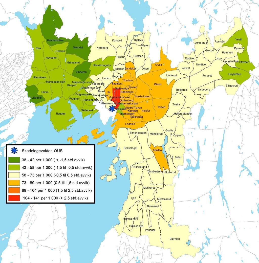 39 Figur 9 Skader (S00-T78 med FMDS) hvor kontaktårsak er oppgitt som «ulykke», (N=108 766) etter delbydel for bosatte i Oslo i perioden 2009-2011.