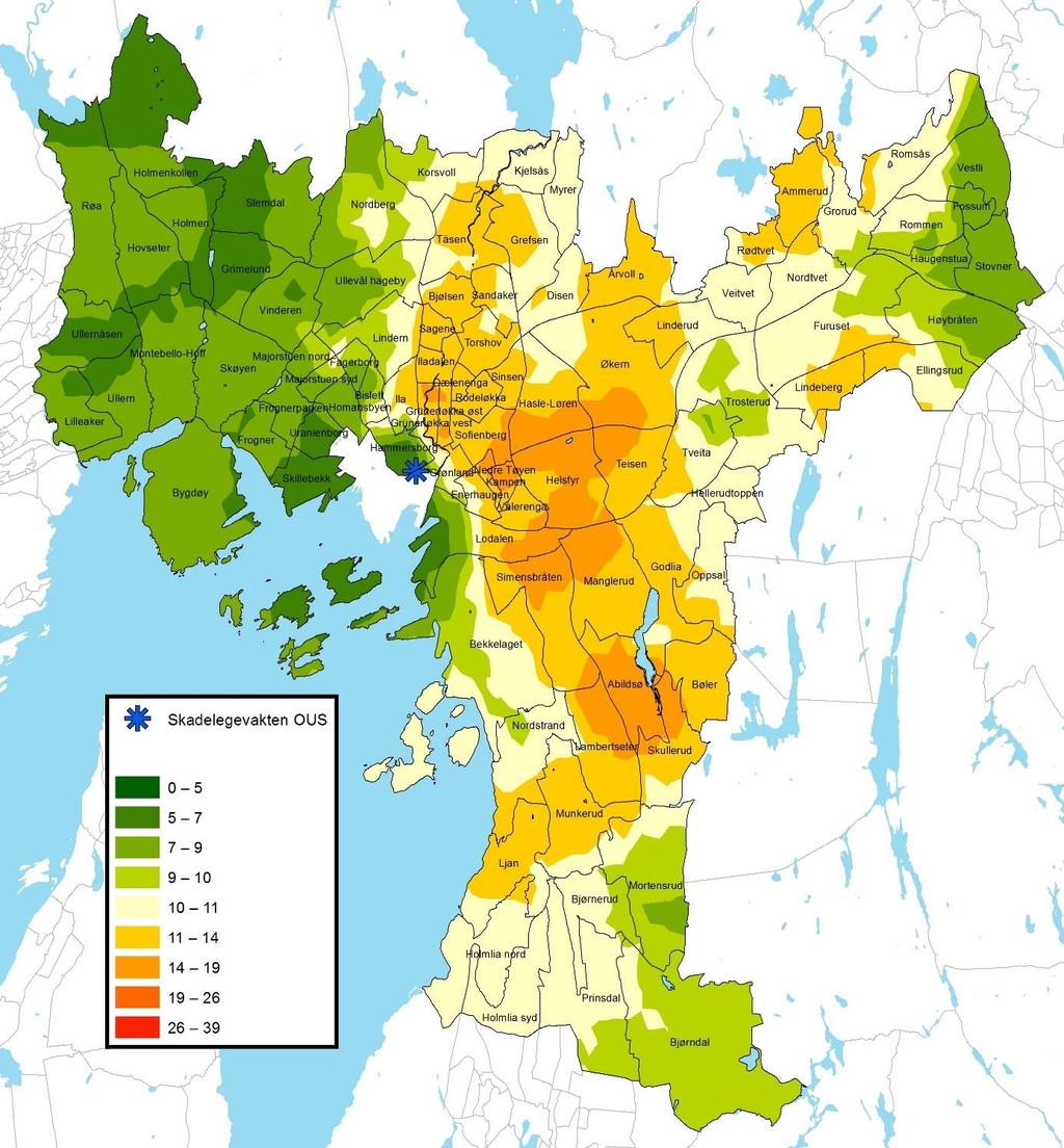 40 retning, noe som kan forklares ved at bosatte i disse områdene også fikk behandling ved Ahus i observasjonsperioden.