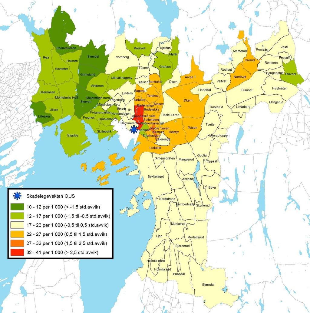 43 Figur 12 Ulykkesskader ved skadested «bolig og boligområde» etter delbydel for bosatte i Oslo i perioden 2009-2011 (N=34 198). Årlig rate per 1 000 for skader registrert ved skadelegevakten i Oslo.