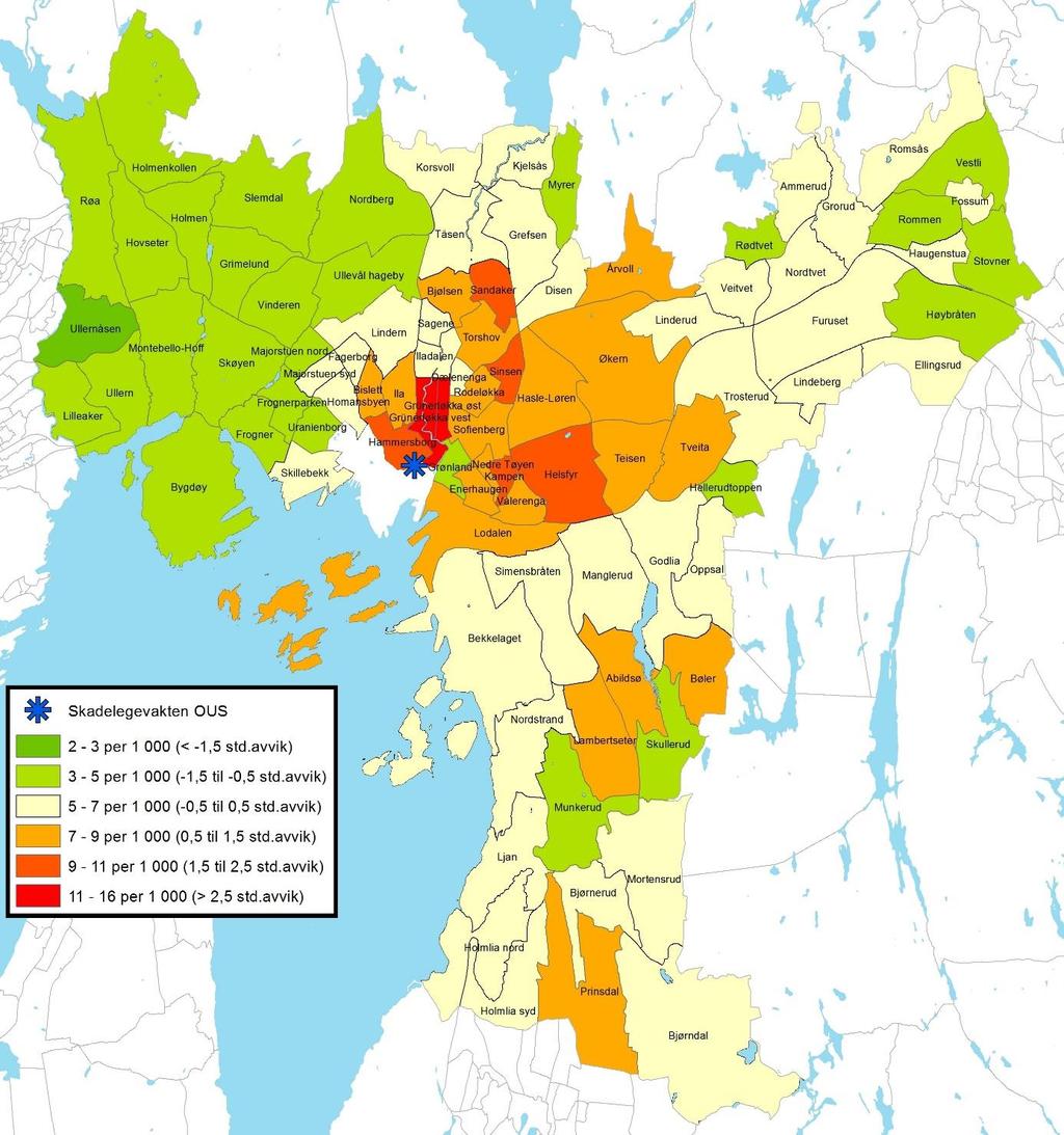 46 Figur 14 Ulykkesskader ved skadested «skole, høyskole, universitet og barnehage» etter delbydel for bosatte i Oslo i perioden 2009-2011 (N=9 179).