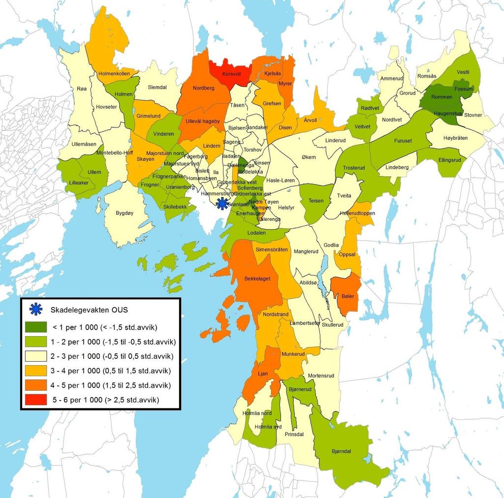 47 Figur 15 Ulykkesskader ved skadested «fri natur, hav, sjø og vann» etter delbydel for bosatte i Oslo i perioden 2009-2011 (N=5 869).