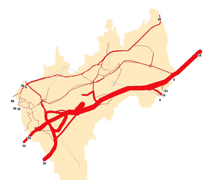Figur 6.4: Andeler av den årlige trafikken inn til Groruddalen som er gjennomgangstrafikk. Datagrunnlag: nettutlagt til-fra matriser fra lastebilundersøkelsen 2016. Figur 6.