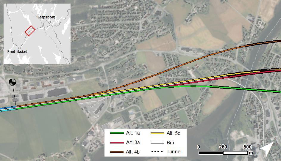 20 av 36 Alternativ 5c (variant 10 og 20) Alternativet ligger på vestsiden av eksisterende spor fra Østfoldhallen og forbi Rolvsøy godsterminal.