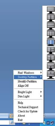 Align On/Align Off (Juster på/av) Aktiver/deaktiverer automatisk justering med dra og slipp. Exit (Avslutt) Lukker Desktop Partition (Skrivebordspartisjon) og Display Tune (Vis tuning).