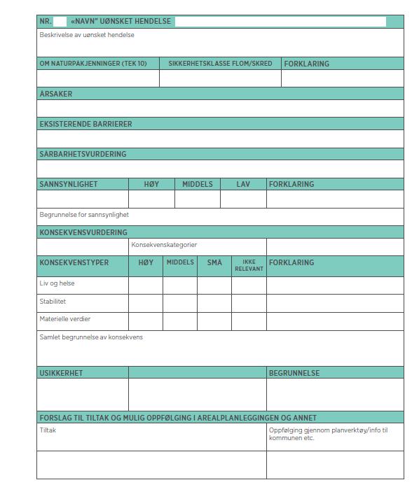 Analyseskjemaet Beskrivelse av den uønskede hendelsen Naturpåkjenninger (på reguleringsplannivå) vurderes iht.