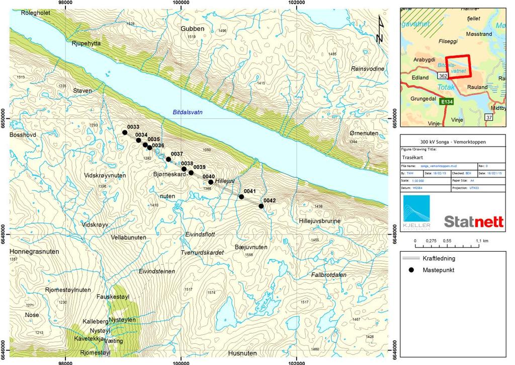 2 Metode og data 2.1 Ledningstrasé KVT/BEN/2015/R019 Denne rapporten omhandler et høyfjellsområde i Vinje kommune hvor 300 kv kraftledningen Songa - Vemorktoppen fremføres.