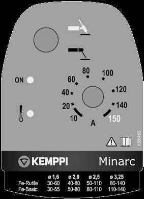 Minarc 150, 151 / Kemppi Oy / 1117 3.2 Driftsfunksjoner Se også 2.4 Hovedkomponenter og 3.4 Sveisevalg 1. Signallampe 'ON', maskin på, (VRD: 'VRD safe ON') 2. Sveiseprosess valgbryter 3.