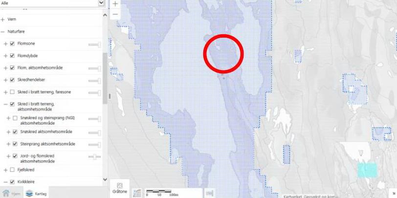 Kart over aktsomhetsområde for naturfare: Området er markert som aktsomhetsområde flom. Holtsjøen er regulert mellom kote 543 og 544 og ligger under Sama kraftverk.