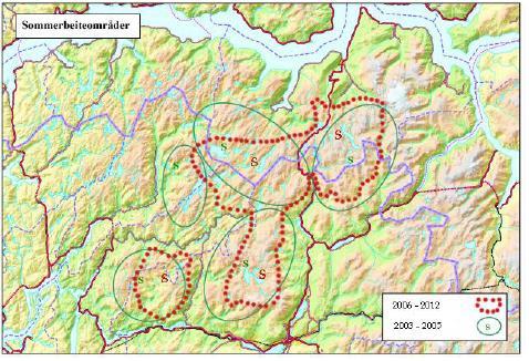 Vedlegg: Kart over sommarbeiteområde, vinterbeiteområde, kalvings- og trekkruter.