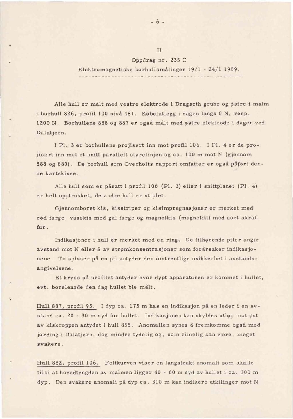 6 Oppdrag nr. 235 C Elektromagnetiske borhullsmålinger 9/ - 24/ 959. Alle hull er målt med vestre elektrode i Dragseth grube og østre i malm i borhull 826, profil 00 nivå 48.