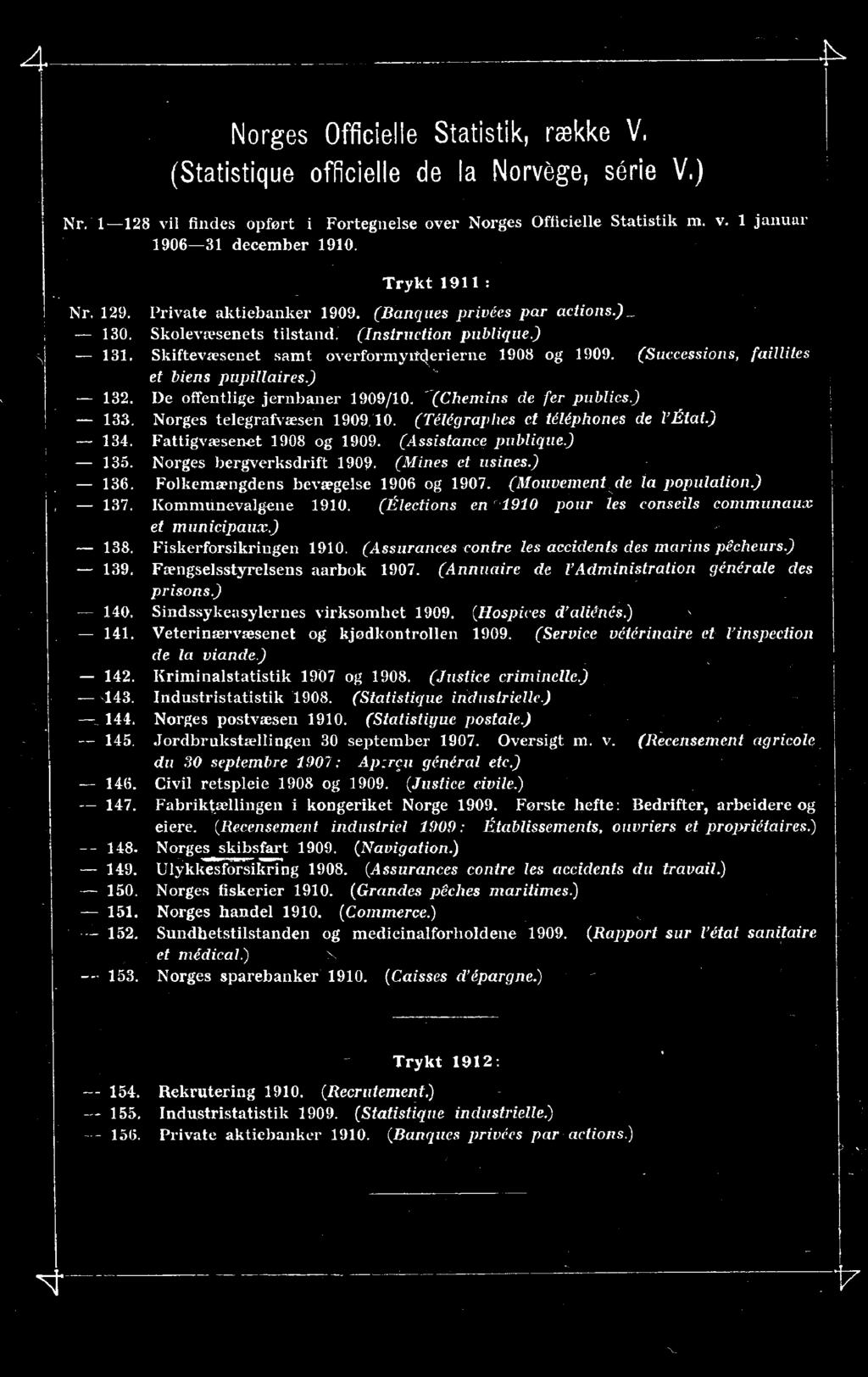 (Élections en '1910 pour tes conseils communaux et municipaux) - 138. Fiskerforsikringen 1910. (Assurances contre les accidents des marins pêcheurs.) - 139. Fængselsstyrelsens aarbok 1907.