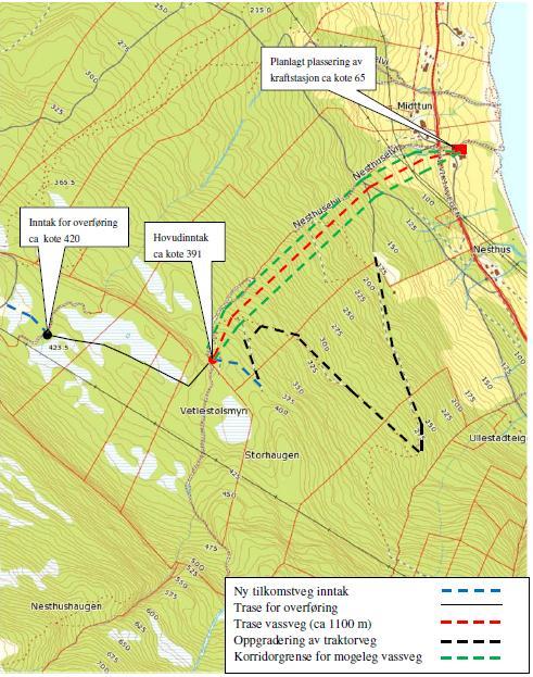 GOSLAND KRAFTVERK Voss Energi AS planlegger å utnytte fallet i Nesthuselva fra inntaket i elva på høydekotene mellom 390-395 m til kraftstasjon ved elveutløpet i Vangsvatnet ved ca kote 53 (figur 1).