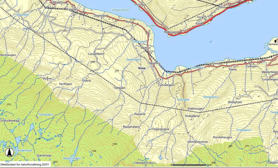 Figur 17. Dagens situasjon for inngrepsfrie naturområder i prosjektets influensområde. Grønt felt er INON-sone 2 og svart strek nord for denne er en kraftledning (Kilde: INON på www.dirnat.no).