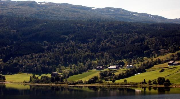 Figur 18. Tiltaksområdet sett fra motsatt side av Vangsvatnet. Landskapet har gode kvaliteter og relativt stort mangfold. Verken Nesthuselva eller Vinsandelva er markerte landskapselementer.