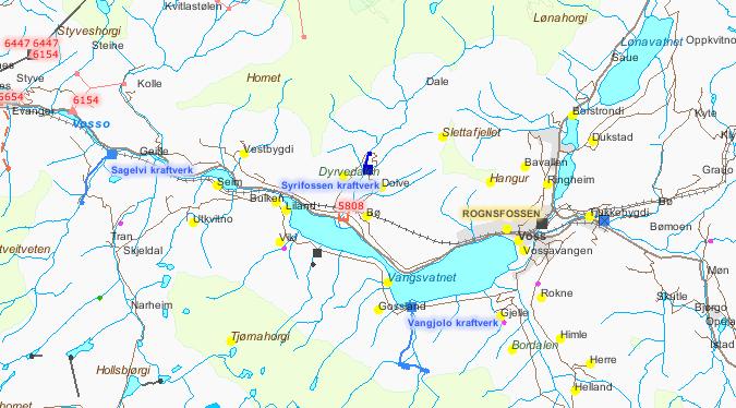 Figur 25. Kart som viser planlagte (rød), konsesjonsgitte (blå) og utbygde (svart) vann-kraftverk i nærområdene til Gosland og Vangsvatnet (kilde: http://arcus.nve.no/website/vannkraftverk/viewer.