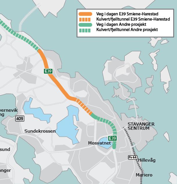 E39 Smiene Harestad E39 Smiene Harestad omfatter en cirka 4,5 km lang vegstrekning mellom Smiene i Stavanger kommune til Harestad i Randaberg kommune.