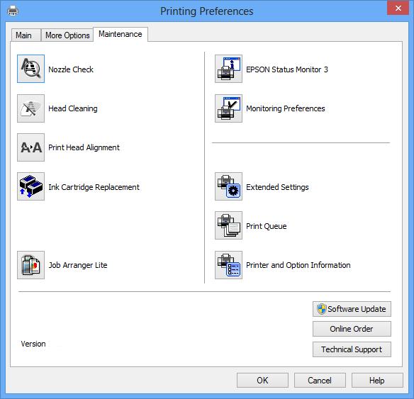 Nettverkstjeneste og programvareinformasjon Kategorien Vedlikehold Du kan utføre vedlikeholdsfunksjoner, slik som dysekontroll og rengjøring av skriverhodet, og hvis du starter EPSON Status Monitor 3