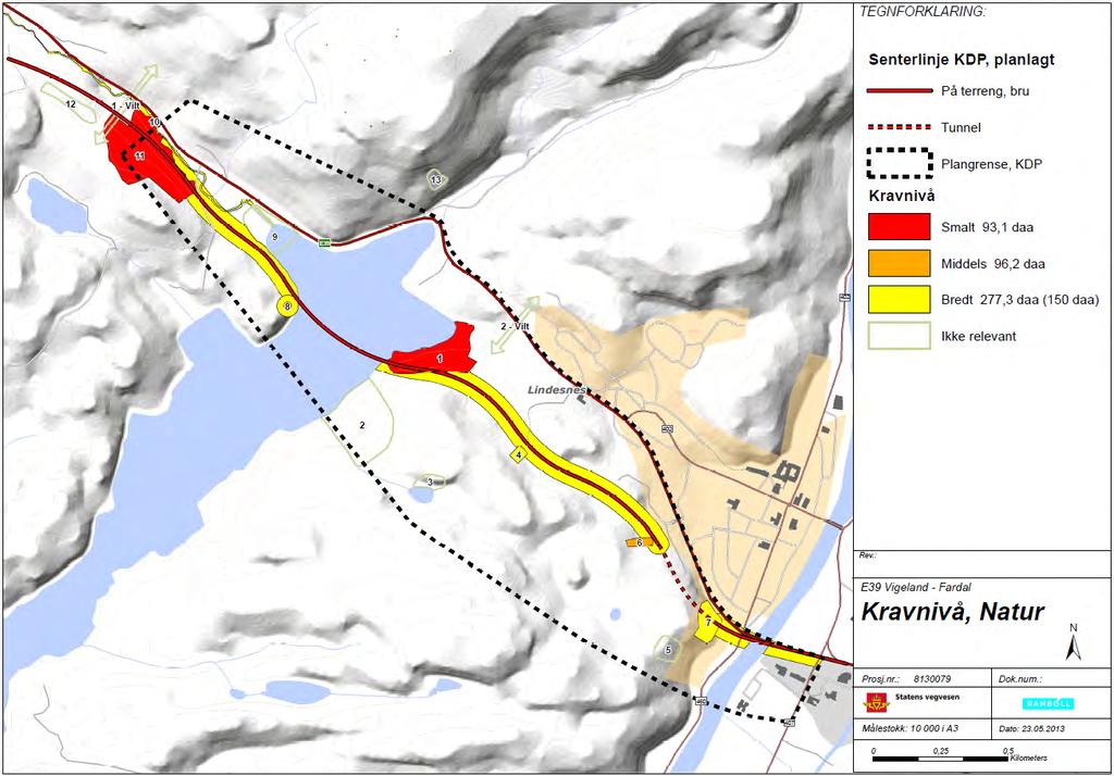 eksempelprosjektene i Løvdal m.fl. (2013): Vurdering av omfang for økologisk kompensasjon av E39 Vigeland-Fardal: Figur 5.10 Kart kravnivå natur E39 Vigeland Fardal (Løvdal m.fl. 2013).