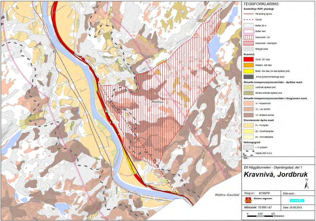 Figur 5.13 Eksempel på resultatkart: E6 Håggåtunnelen Skjerdingstad, del 1. Kravnivå, jordbruk (Løvdal m.fl. 2013). Tabell 5.8 Eksempel på resultattabell 1: E6 Håggåtunnelen Skjerdingstad (Løvdal m.