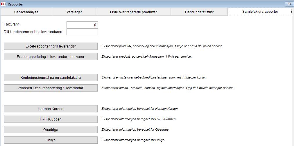 Samlefakturarapporter Disse rapportene er beregnet (og laget) for leverandører.