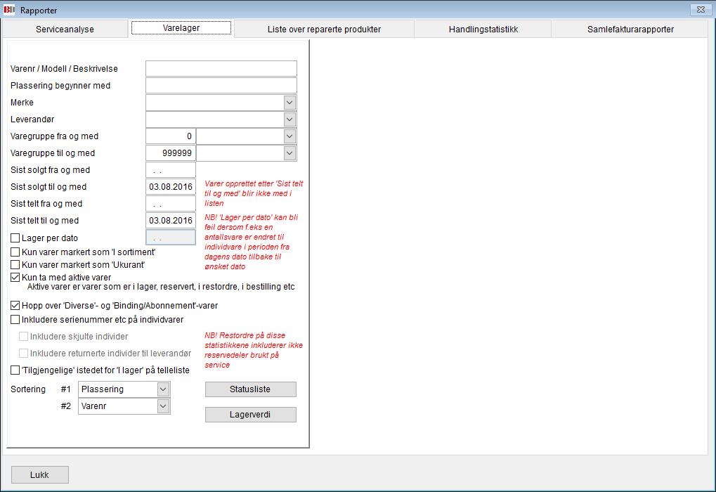 Varelager-rapport Liste over verdier, priser og lagerstatus over varelageret.