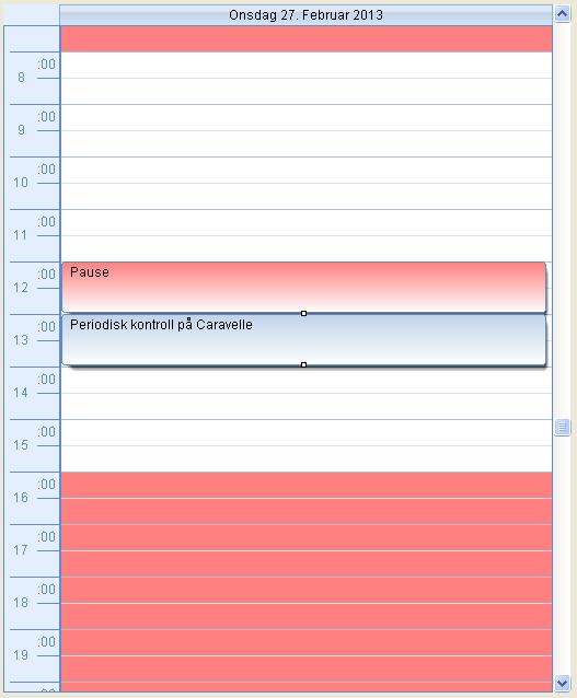 Man kan angi klokkeslett som skal stå øverst i kalenderen i Administrasjon --> Generelt --> Kalender, og på denne måten få den til å begynne tidligere enn eksempelet i bildet.