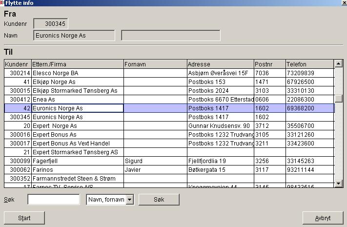 Slå sammen kunder/ Flytte info Om ønskelig lar det seg gjøre å slå sammen to kunder til en. Dette gjøres dersom det har blitt registrert flere med nesten identiske navn. Funksjonen heter Flytte info.