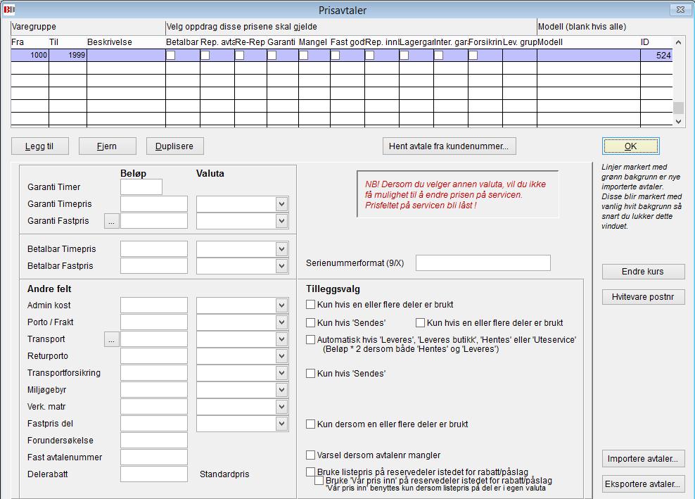 Feltforklaring: Kunderegister Mer info Priser og rabatt (Service) Redigere prisavtaler.