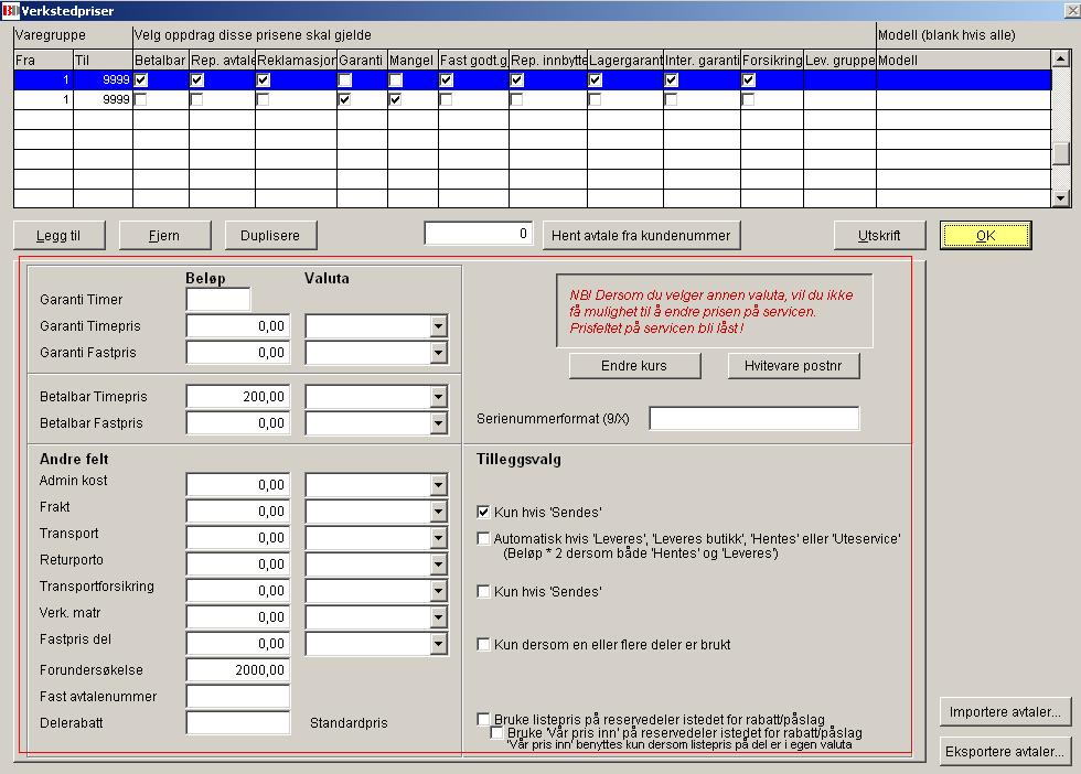 Priser/avtaler på service Faste prisavtaler i forbindelse med ulike servicetyper kan legges fastsettes enten per kunde, og/eller generelle satser for verkstedet.