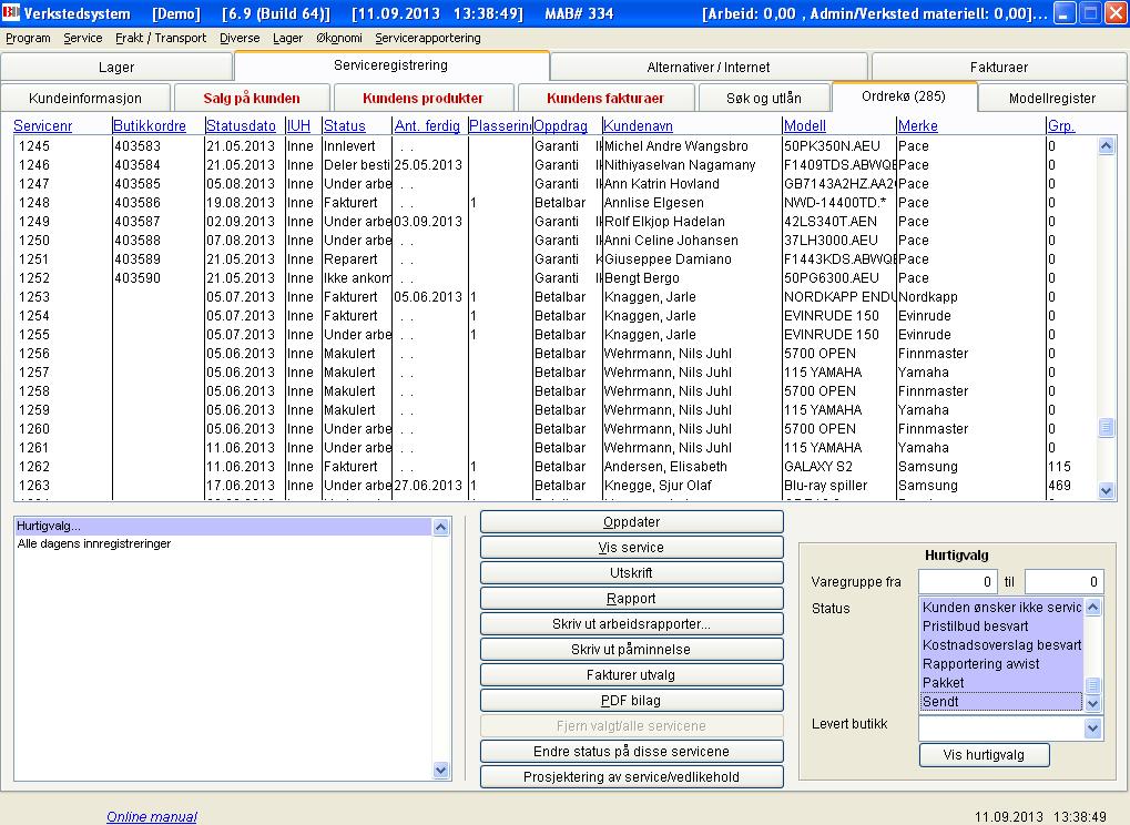 Ordrekø 1 2 3 4 5 6 7 8 9 10 11 12 13 15 16 14 Oversikt over servicer registrert i deres verksted. Feltet nederst til venstre kan man velge mellom Hurtigvalg eller egendefinerte rapporter. 1. Liste over servicer som matcher valgte kriterier.